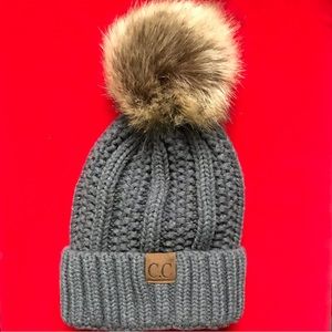 C.C Cable Knit Faux Fuzzy Fur Pom Pom Top Fleece Lined Cuffed Skull Beanie Hat